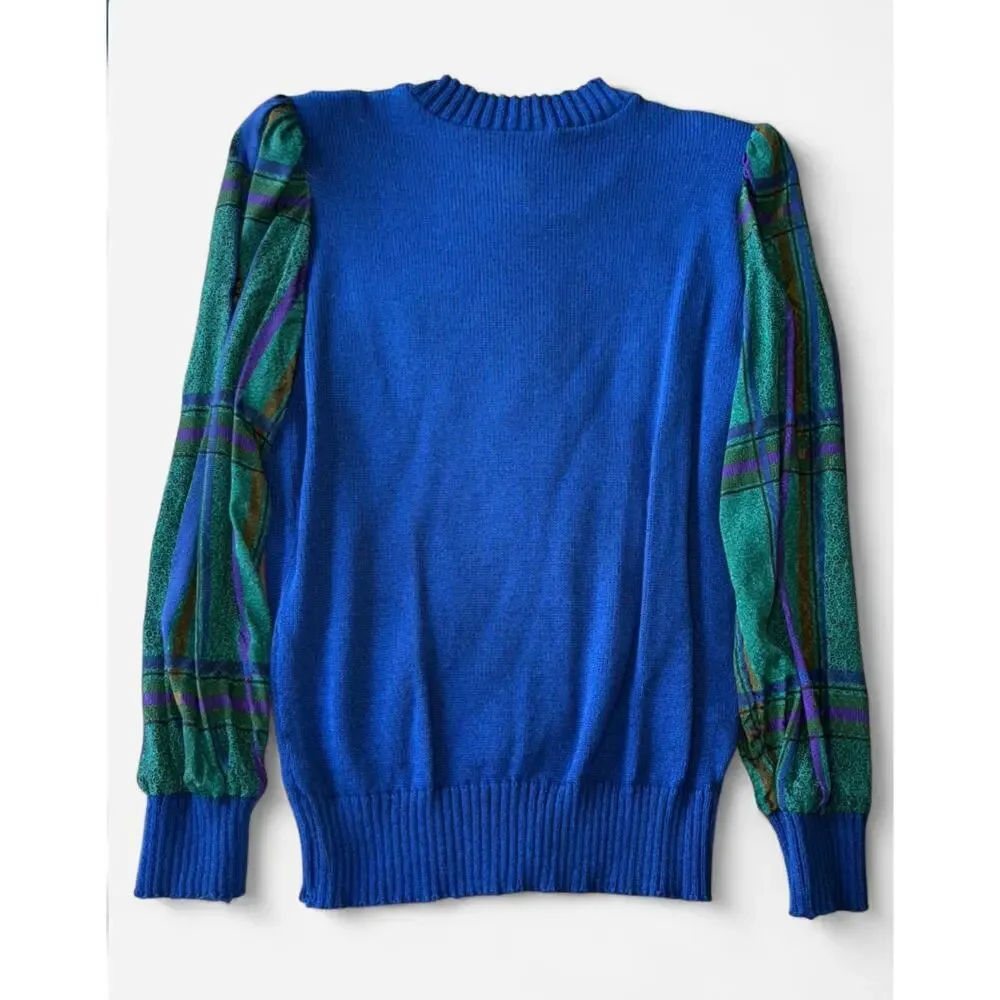 Leslie Fay Women's Sweater & Skirt 12P Vintage Blue Green Knit & Plaid
